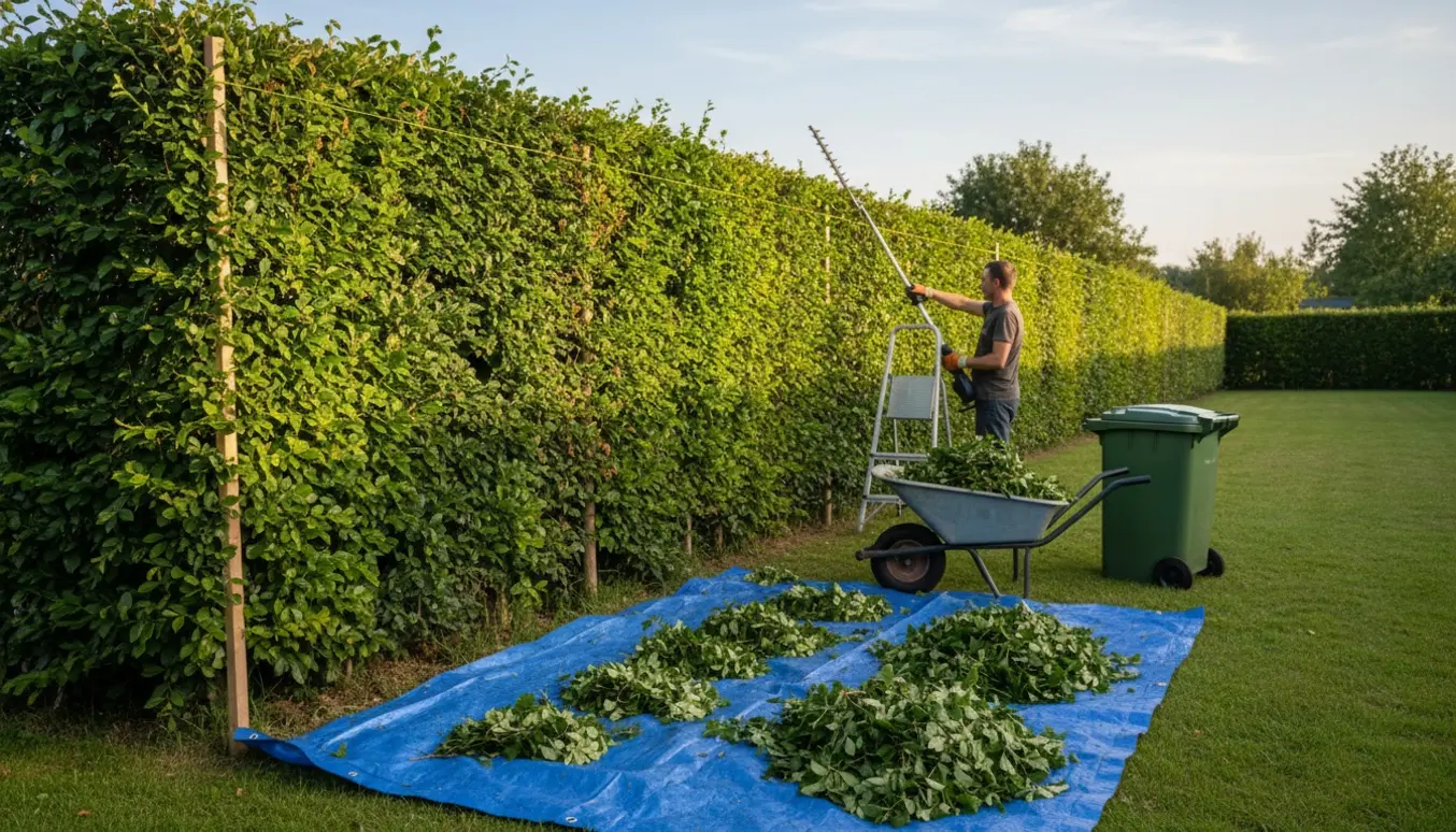 Gartner klipper en lang, tæt bøgehæk med stangsaks og en snor som højdeguide, og afklip samlet på en presenning.