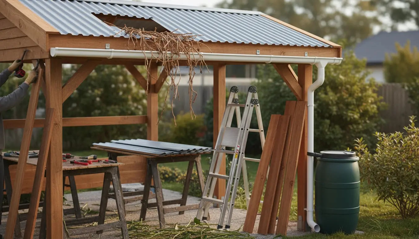 Carport under renovering med udskiftede tagplader, nye brædder og et nyt nedløbsrør ved en regntønde.