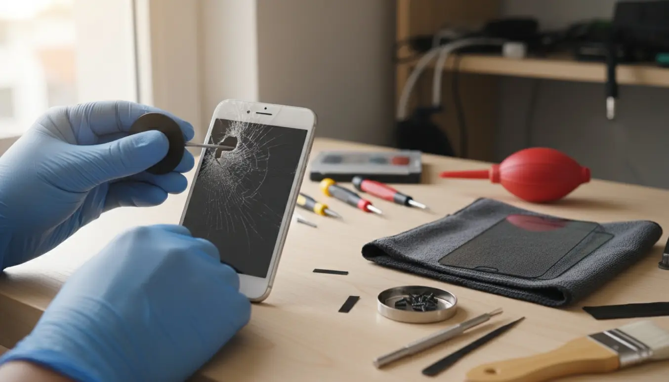 Nærbillede af reparation af revnet topglas på en iPhone 8 Plus med handsker og præcisionsværktøj på et rent arbejdsbord.