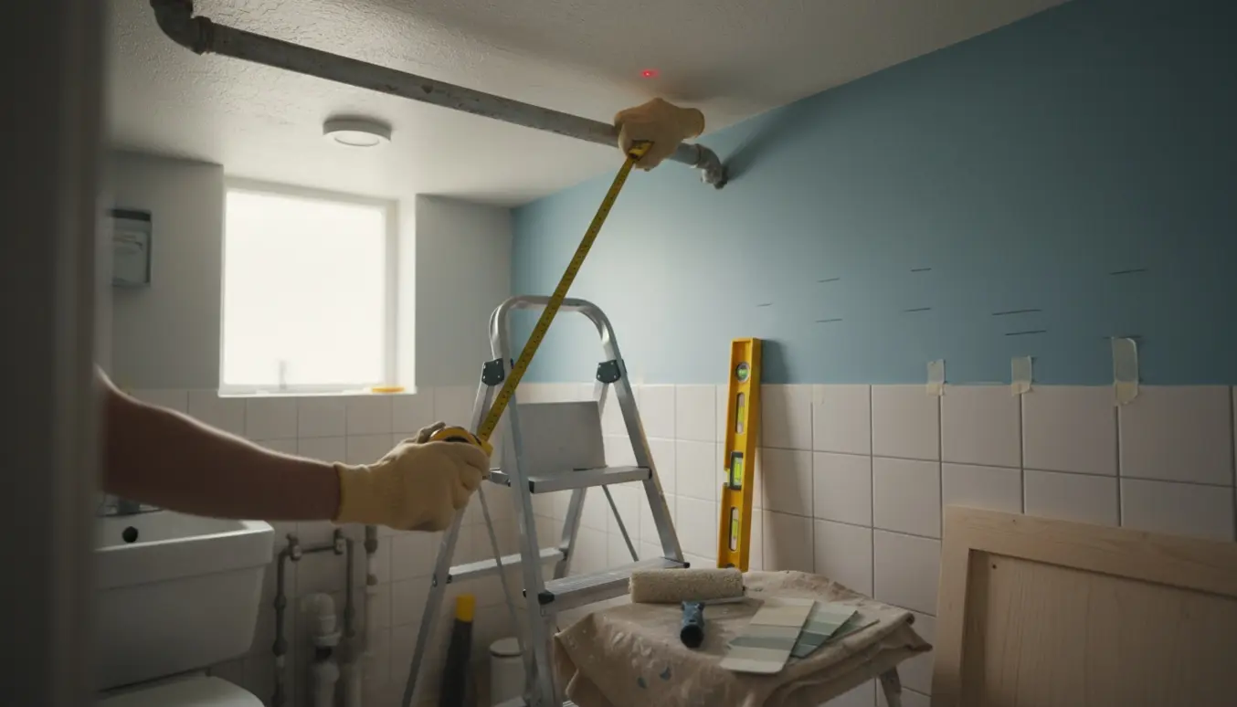 Nærbillede af handskerede hænder, der måler væg, loft og rør i et lille badeværelse med målebånd og vaterpas.