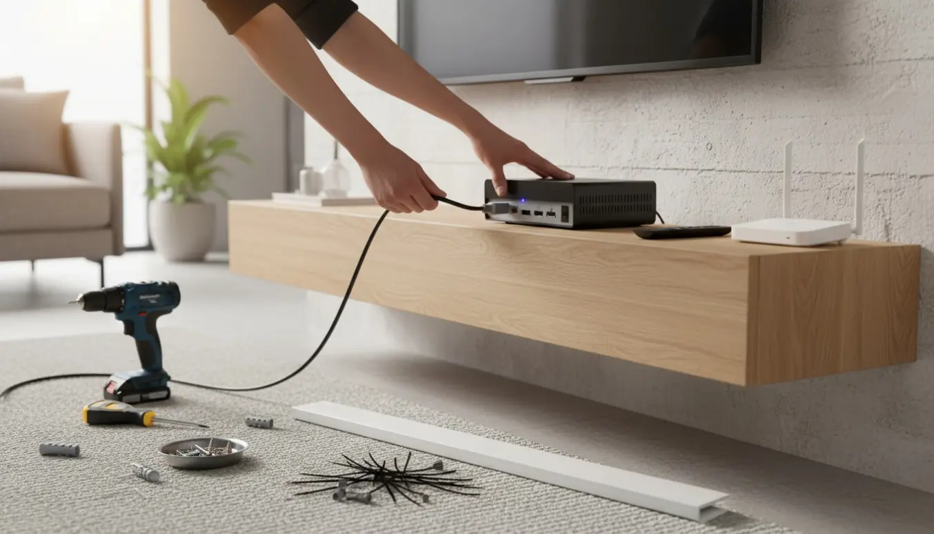 Hænder, der tilslutter et HDMI-kabel til en tv-boks under opsætning i en moderne stue.