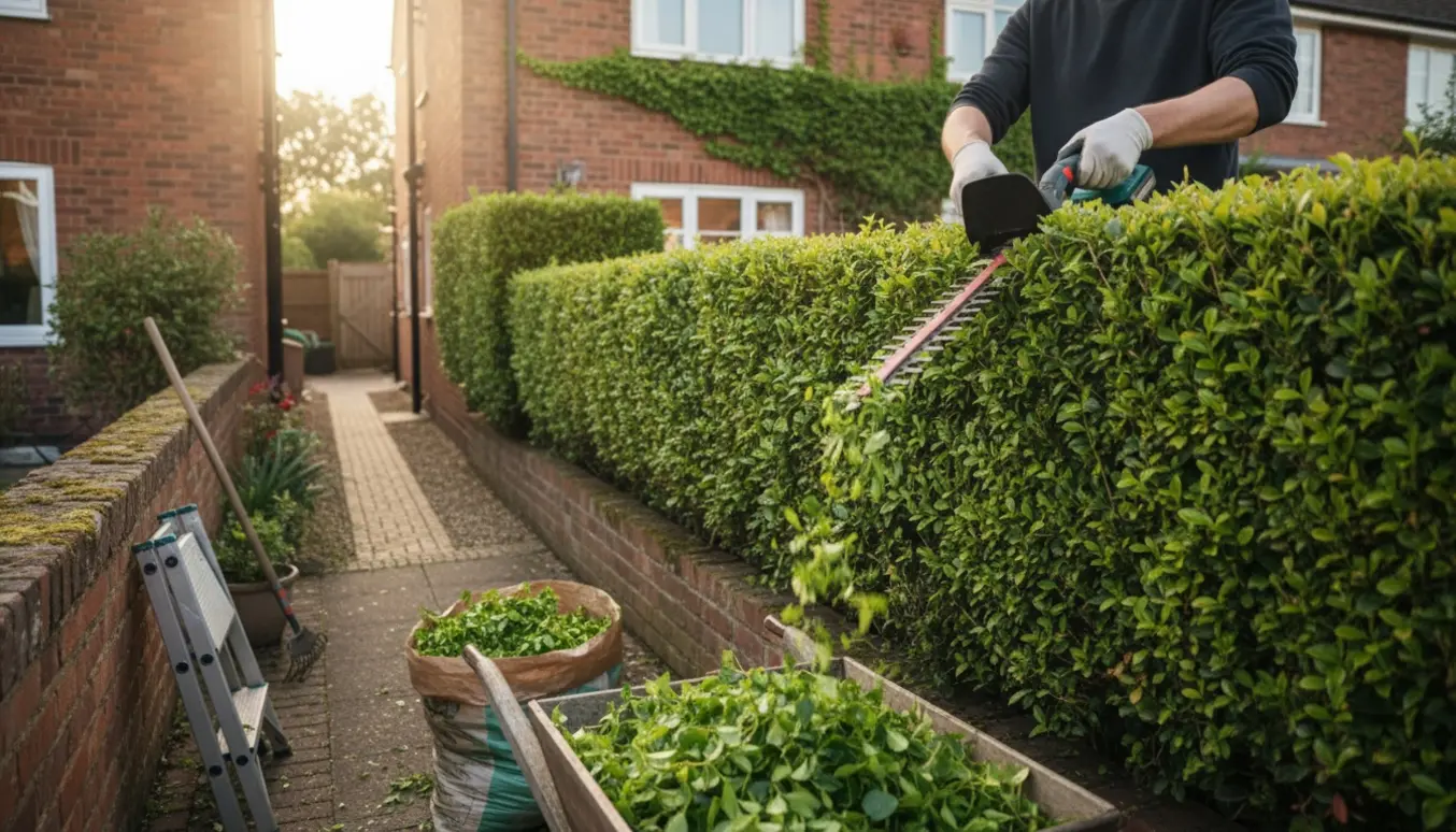 Person trimmer hæk ved et lille rækkehus og samler friske afklip i en trillebør.