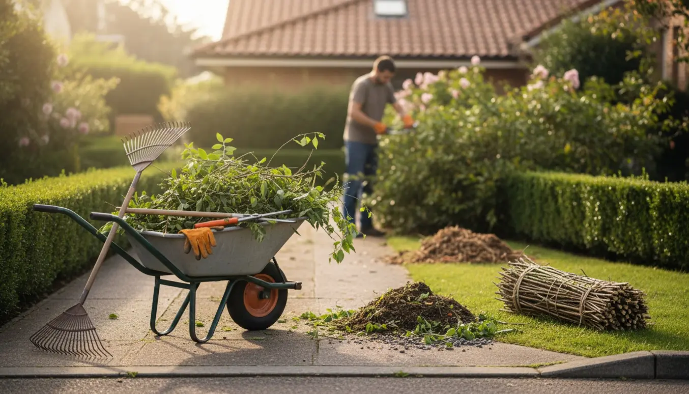 En trillebør med afklippede grene ved en kort indkørsel, mens hænder iført handsker klipper buske.