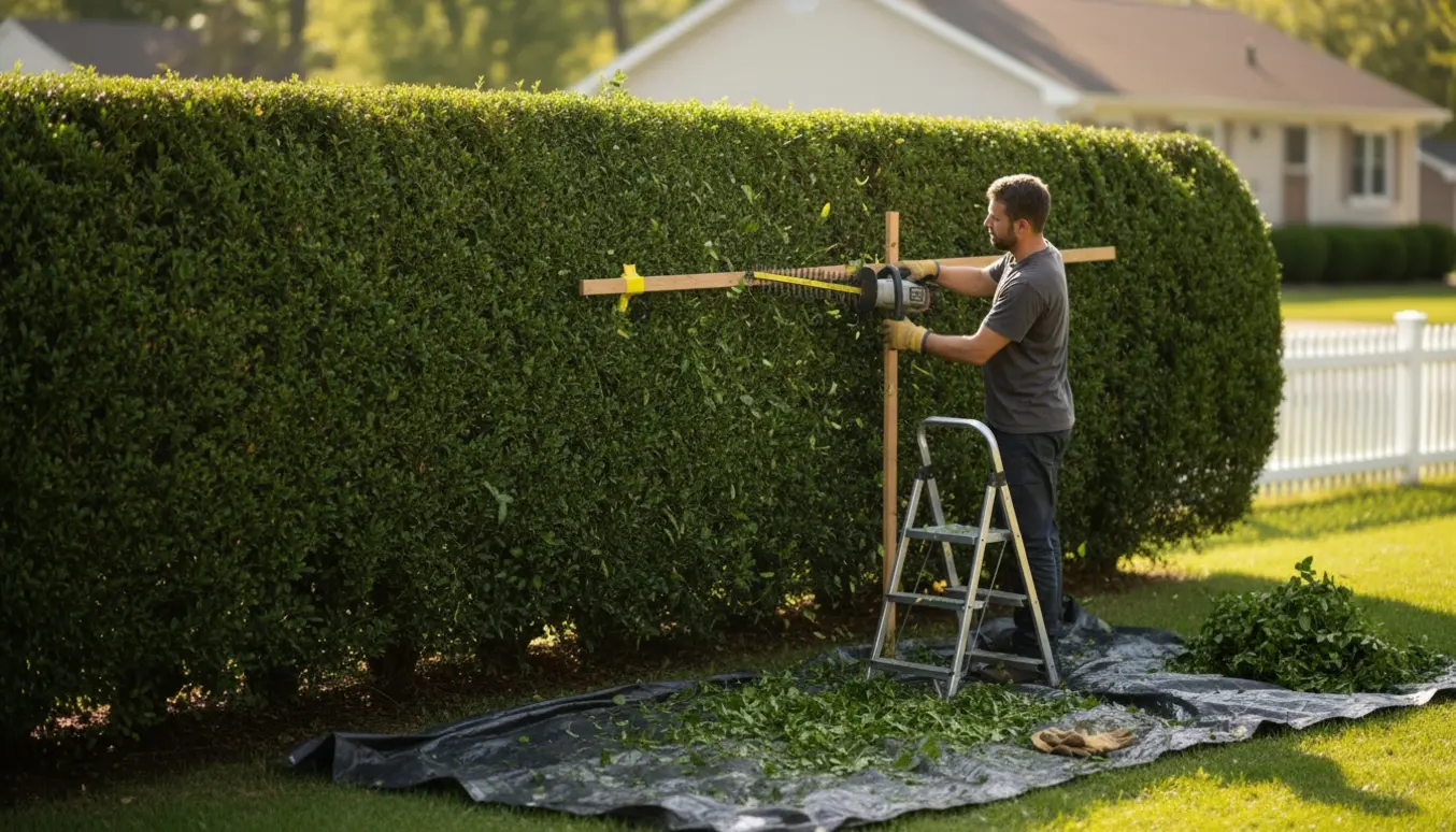 Person trimmer toppen af en hæk med en batteridrevet hækkeklipper og en målepind markeret med farvet tape.