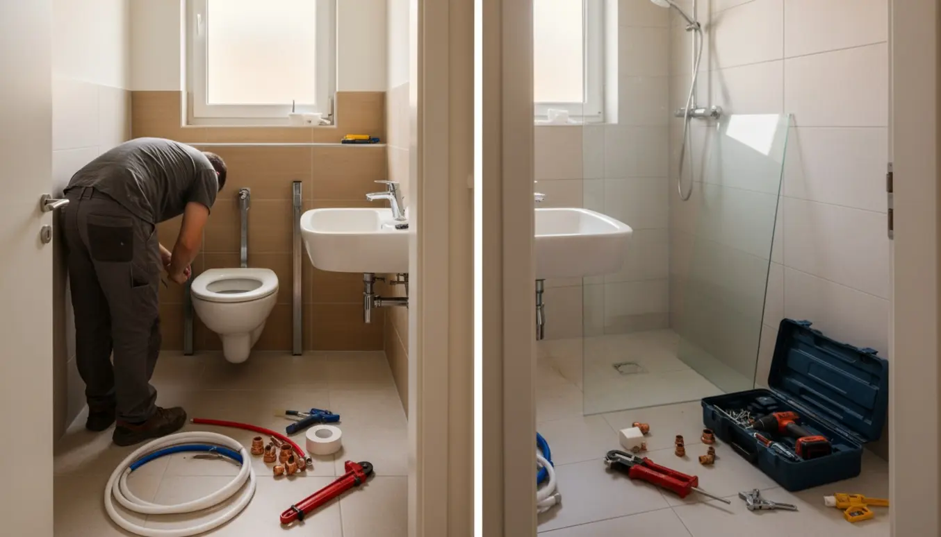 Håndværker monterer toiletter, håndvaske og bruseelementer i to små badeværelser med værktøj og rør klar på gulvet.