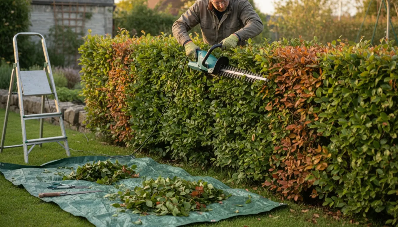 Person klipper en bøgehæk cirka 40 cm ned med en elektrisk hækkeklipper og opsamlet afklip i forgrunden.