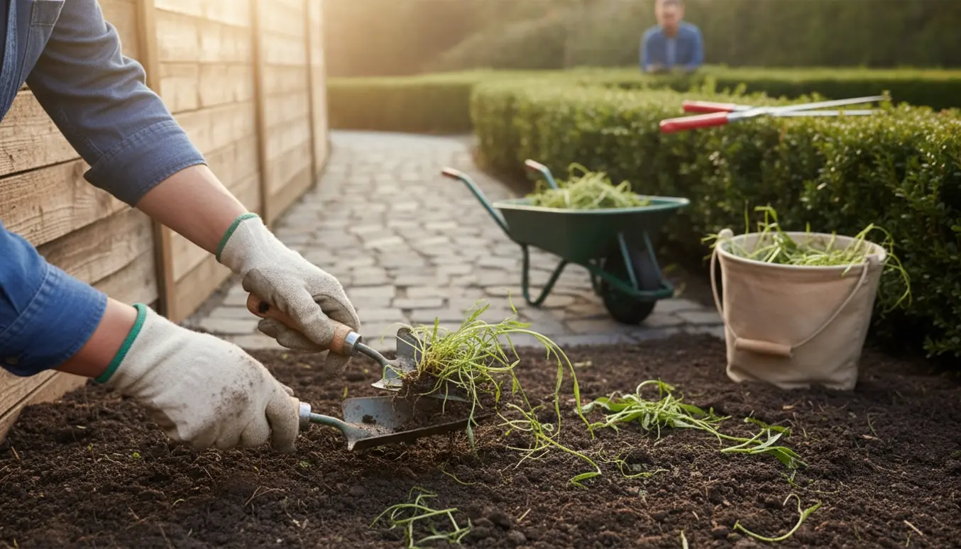 Nærbillede af hænder i handsker, der fjerner ukrudt og klipper en lille hæk i en lille have.