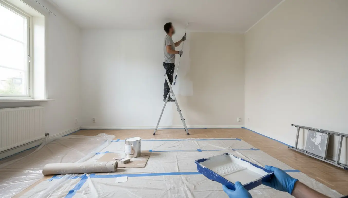 En erfaren maler maler loft og vægge hvide i en tom lejlighed, ansigt ikke synligt.