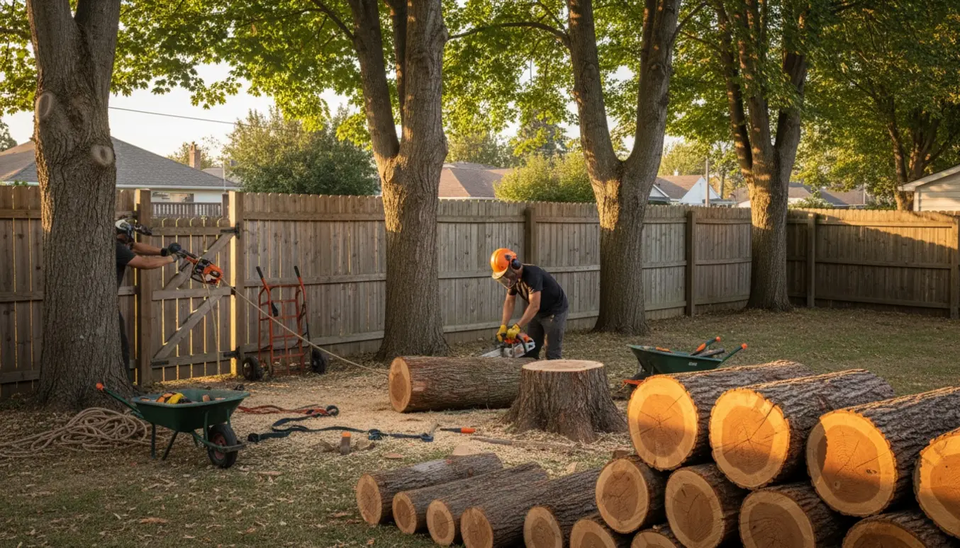 Hyperrealistisk foto af fældning af fem ahorntræer i en have med stakkede træstykker og snore gennem en smal indgang.