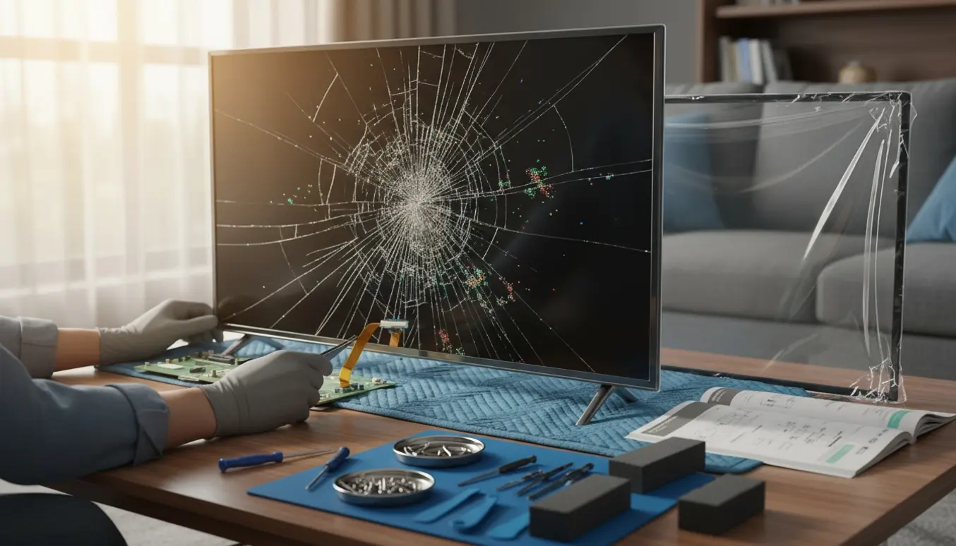 Hænder udskifter en revnet 55-tommer fladskærms skærm i en lys stue.