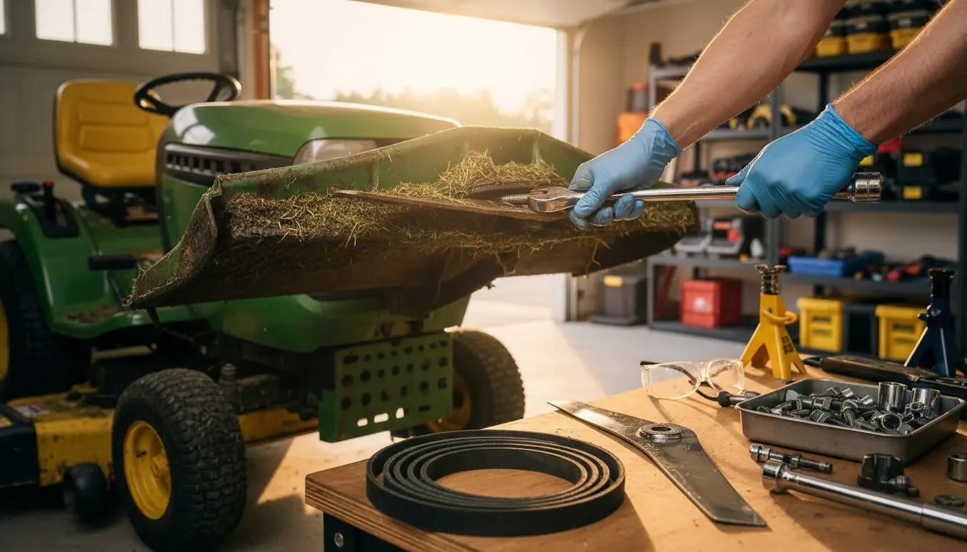 Hænder i handsker skifter kniv og rem på en havetraktor i et lyst garageværksted.