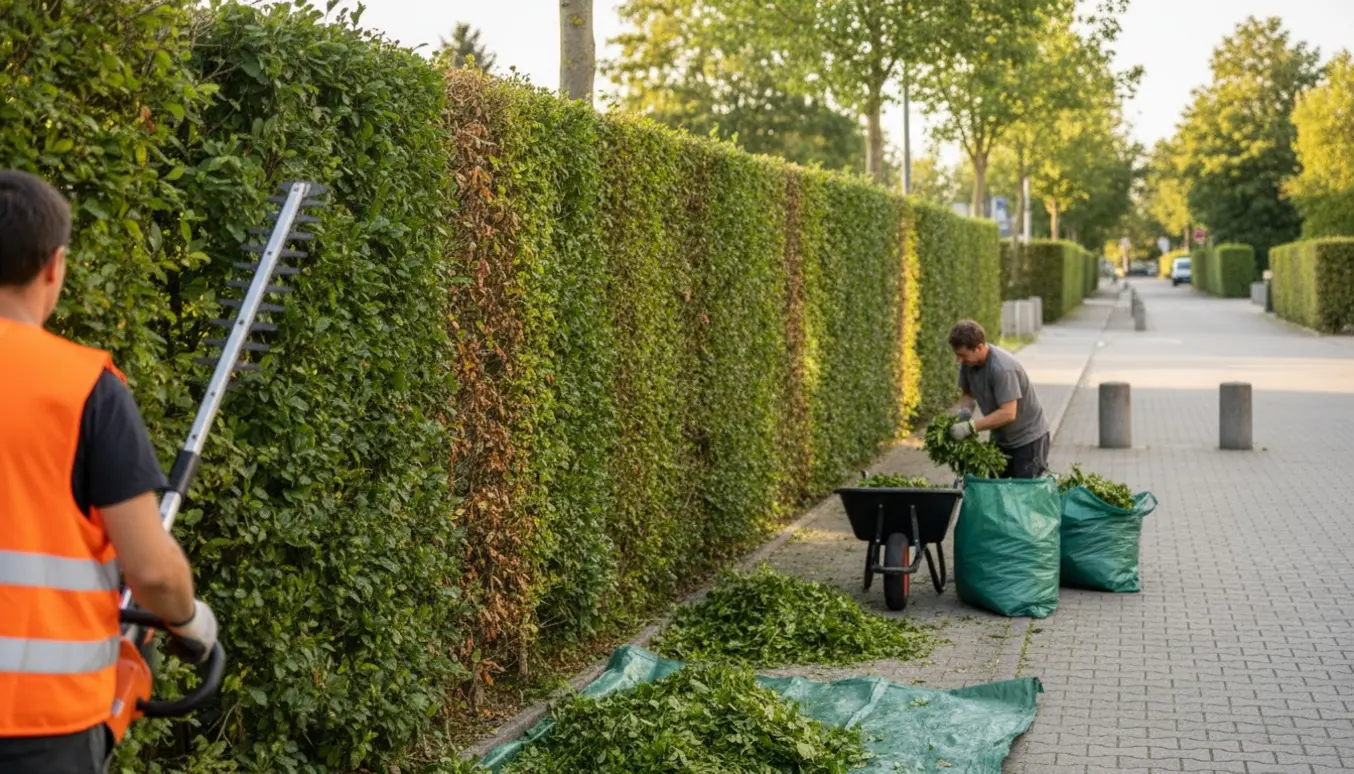 Bøgehæk klippes langs en smal brandvej, med friske afklip samlet i sække og trillebør.