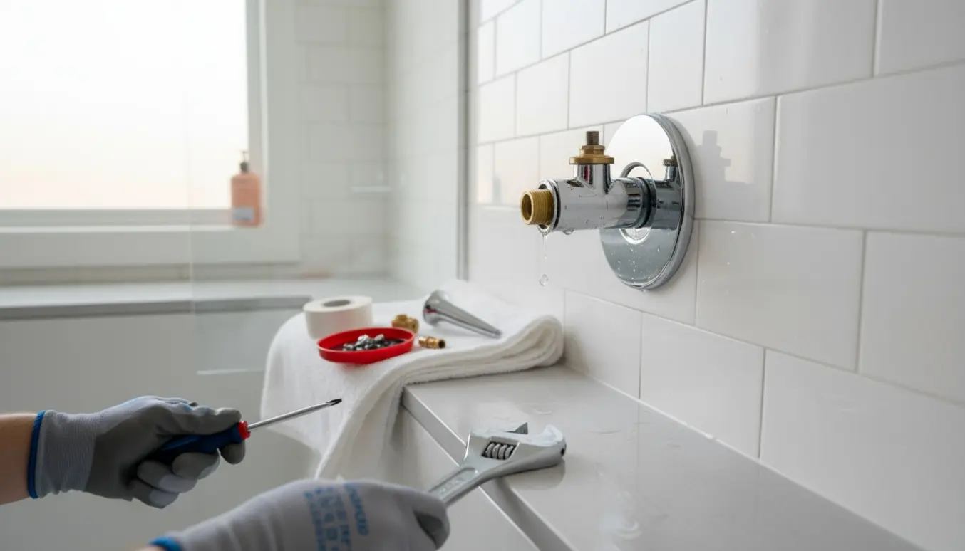 Nærbillede af hænder, der reparerer en dryppende bruseventil med afbrækket armaturhåndtag og værktøj på kanten af badekarret.