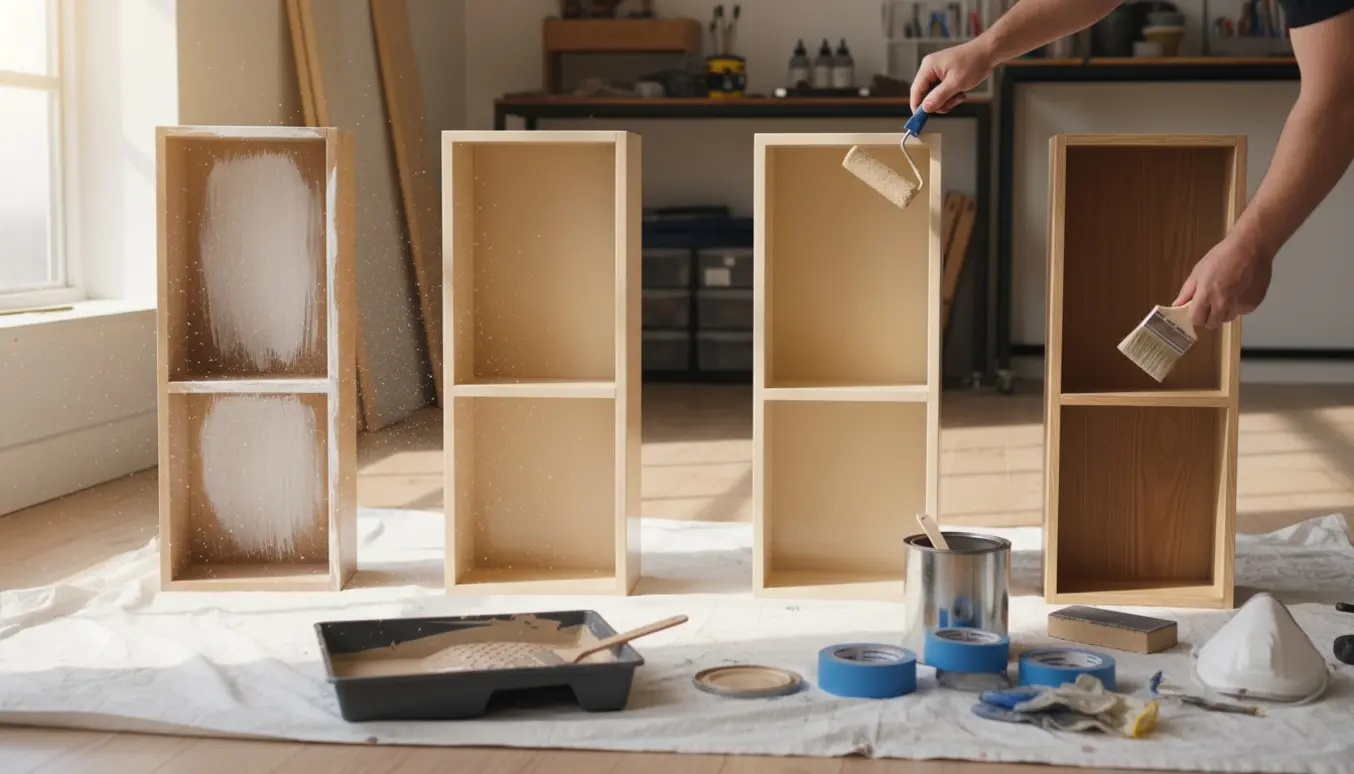 Fire smalle reoler i et solbelyst værksted, hvor en hånd maler en reol med halvblank maling, mens en anden har spraymaling.