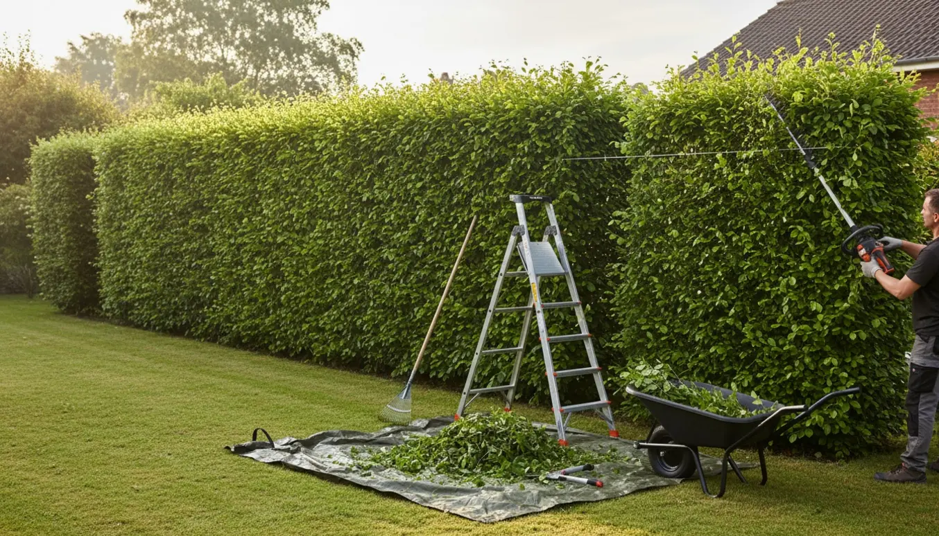 Bøgehæk klippes med en elektrisk hækkeklipper, afklip samles i en trillebør i en velordnet have.