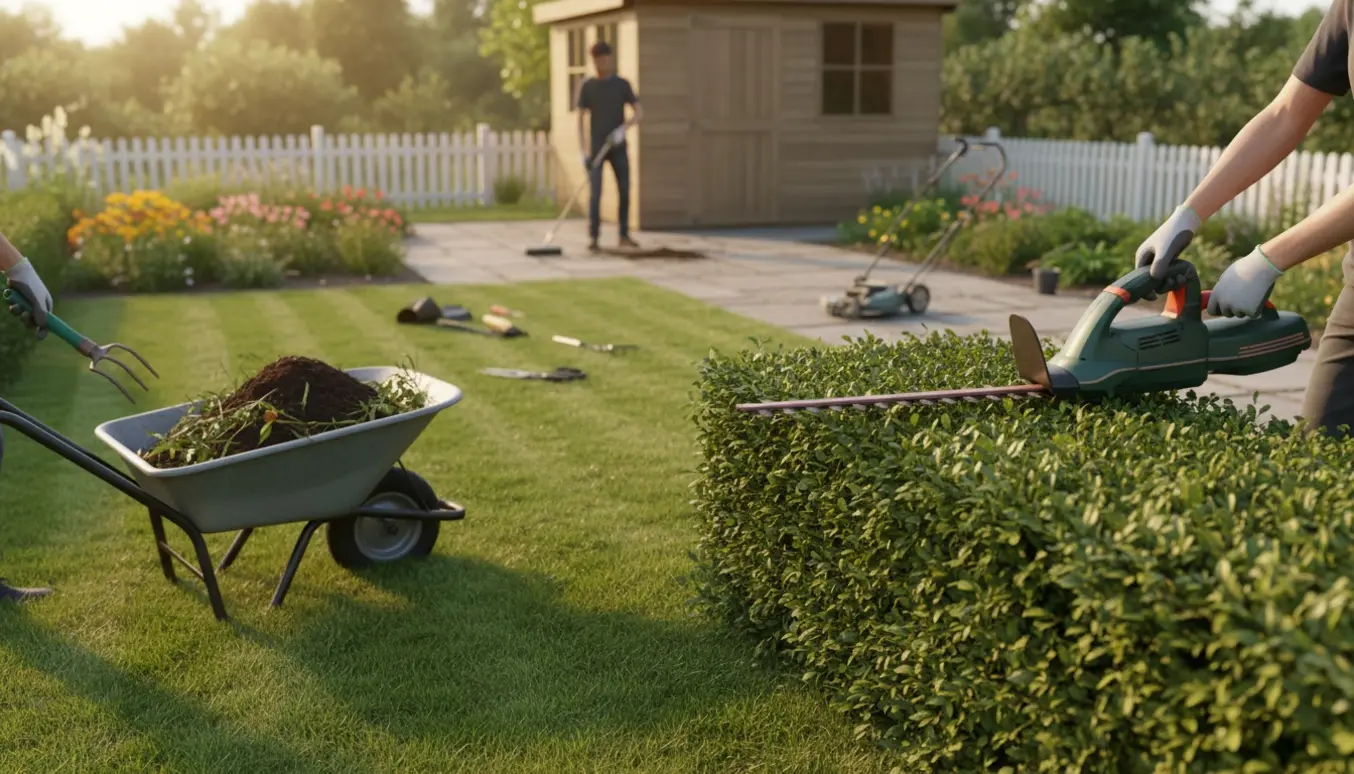 Havehjælp i kolonihave med hæktrimning, nyslået græs med rene kanter og fjernet ukrudt mellem fliser.