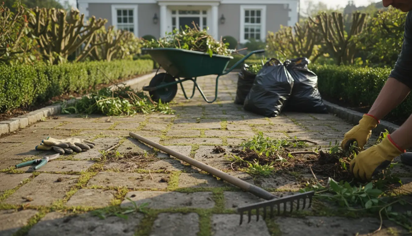 Havearbejde ved en bolig klar til salg med hænder, der fjerner ukrudt fra en indkørsel og en trillebør med afklip.