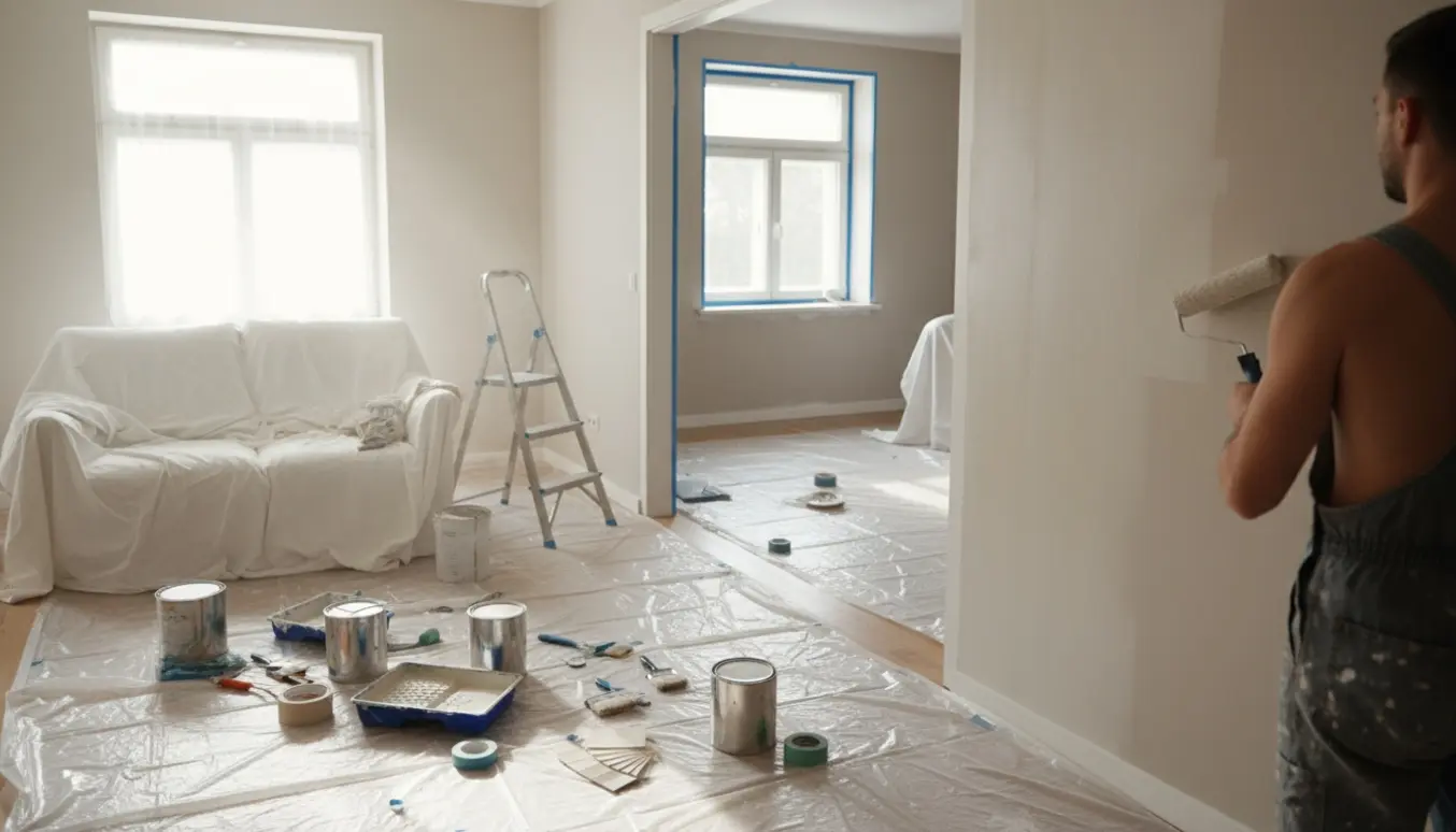 En hånd med malerrulle påfører frisk maling på en væg i en treværelses lejlighed med afdækkede møbler og malerværktøj.