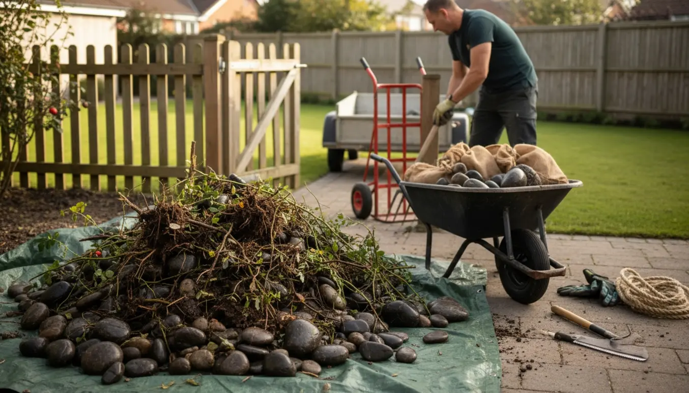 Stor bunke havesten og opgravede buske ved en åben, smal havelåge under haveoprensning.