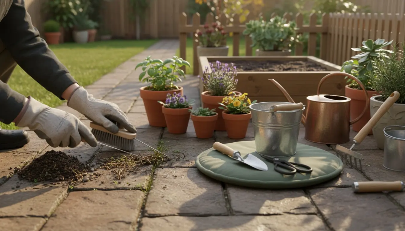 Nære hænder i handsker fjerner ukrudt mellem terrassefliser i en lille soloplyst have.