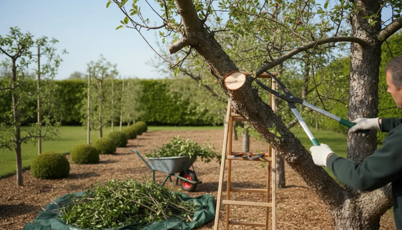 En beskærer klipper grene fra to modne æbletræer med lopper og en trillebør fyldt med haveaffald.
