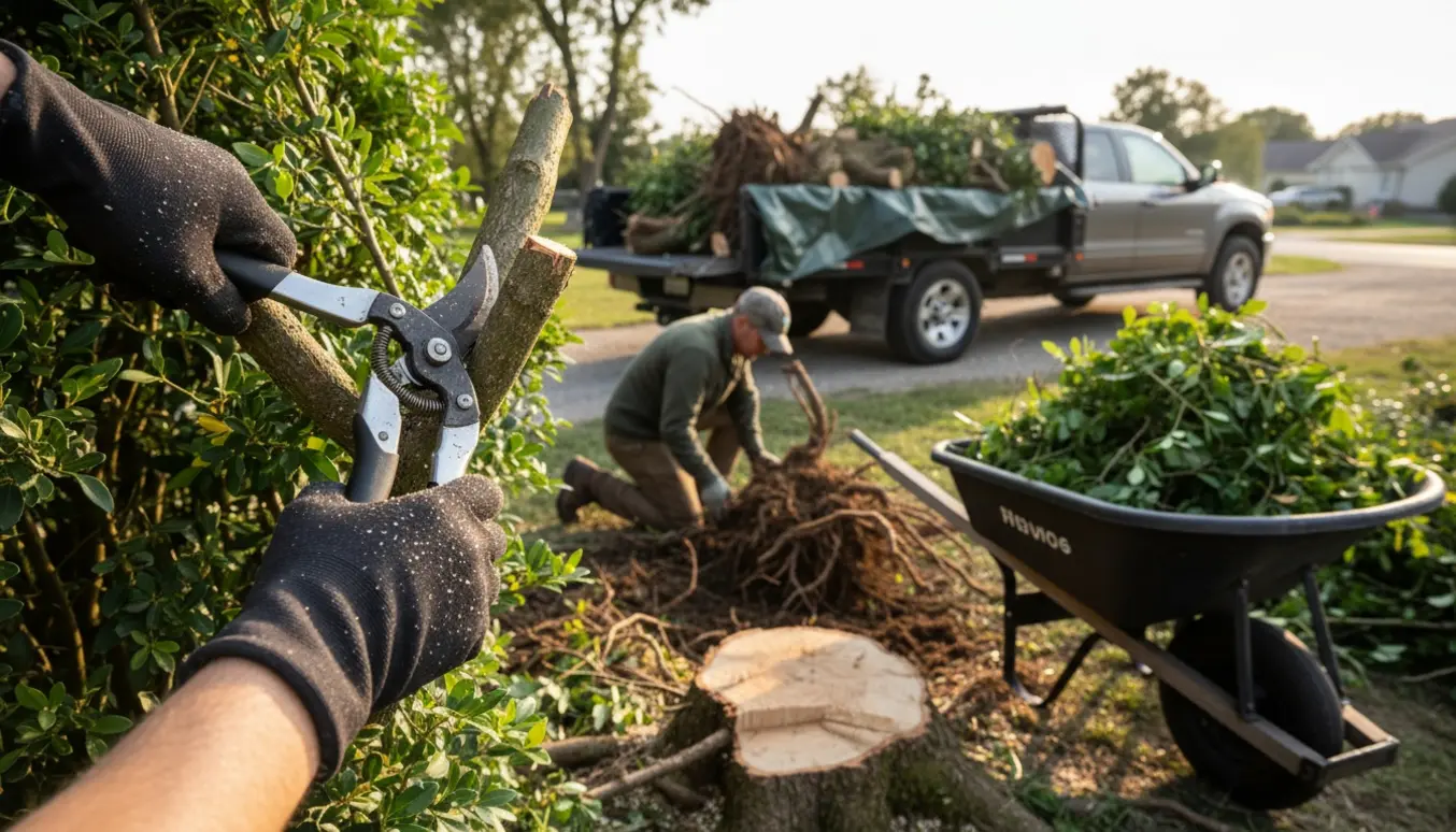 Havearbejde med beskæring og opgravning af rødder, trillebør og trailer klar til bortkørsel.