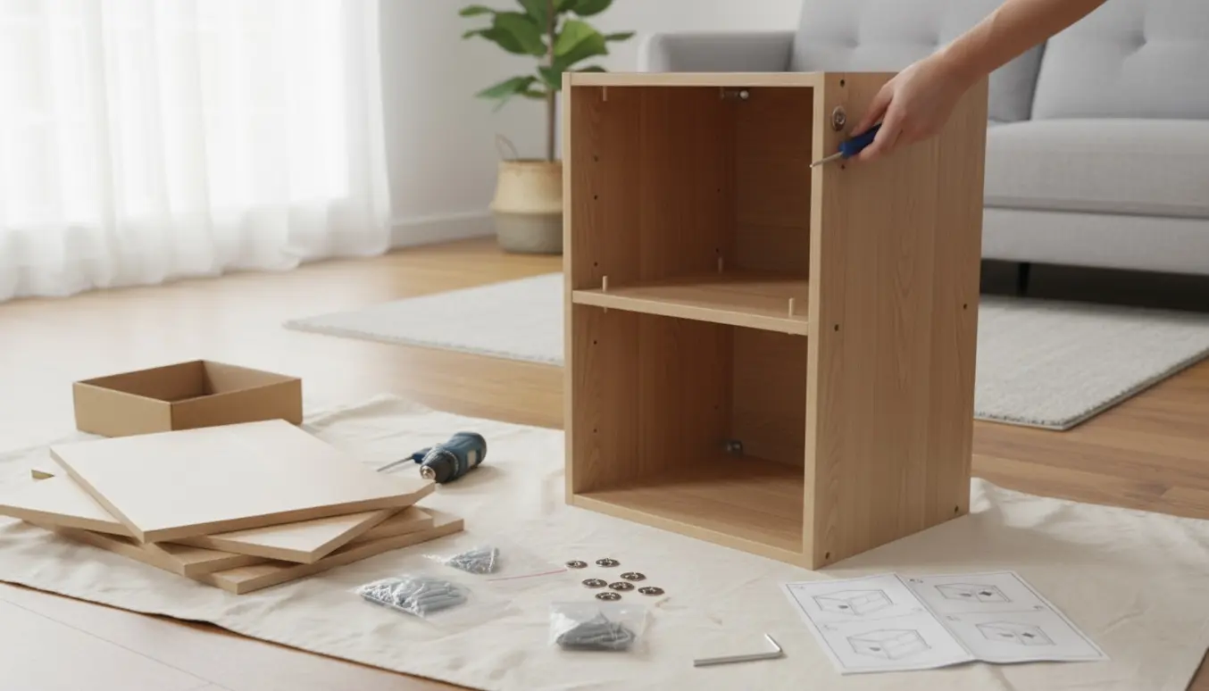 Hænder samler et fladtpakket skab med træpaneler og unbrakonøgle i et lyst, ryddeligt rum.