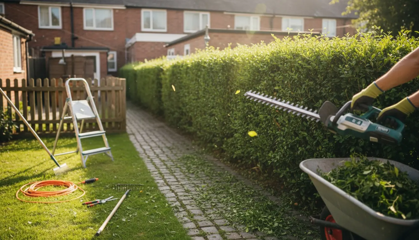 Nyklippet hæk i lille rækkehushave med hækklipper og grønne afklip på græsset.