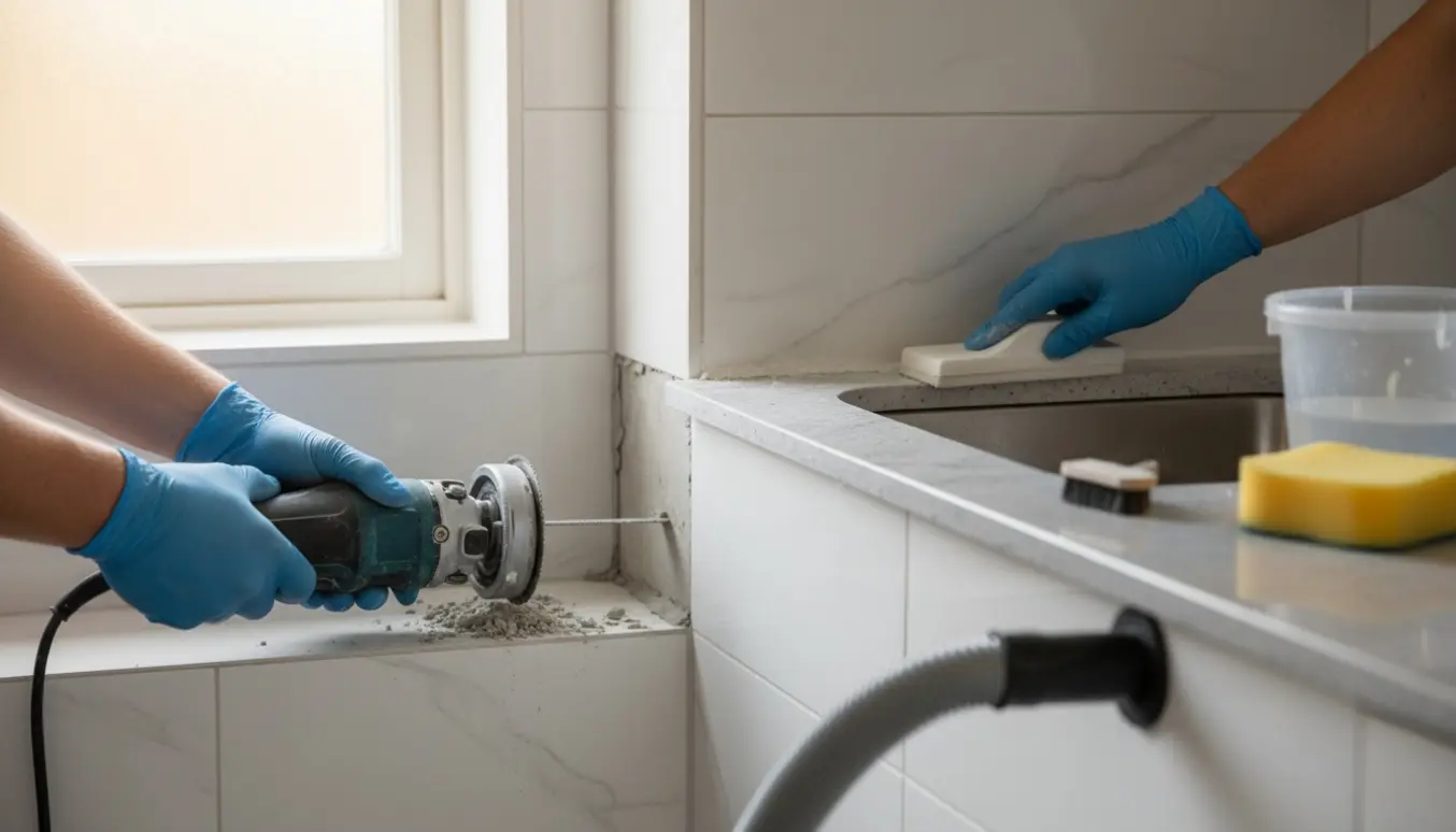 Nærbillede af hænder, der fjerner gammel grå fuge mellem badeværelsesfliser og påfører ny hvid fuge ved et køkkenbord.