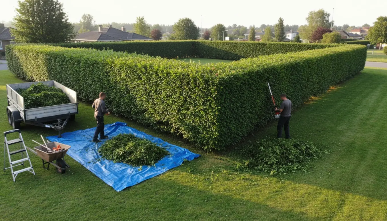 Hæk klippes langs to sider af en hjørnegrund med trimmer, trailer og bunker af grønt affald.