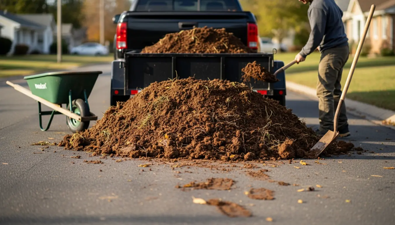 Bunke blandet jord ved vejkant, klar til at blive læsset i en trailer med skovl og trillebør.