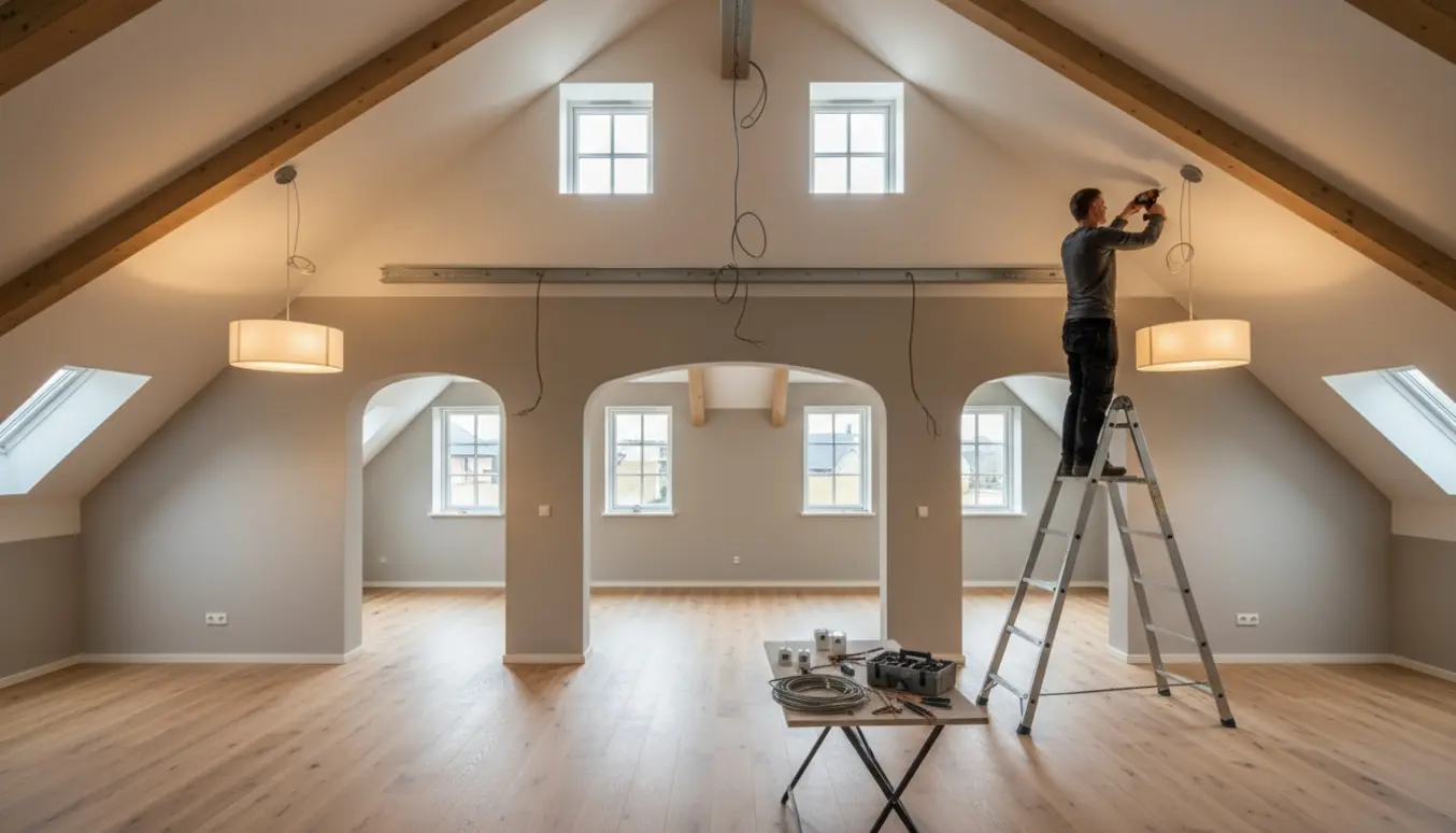 Elektriker på stige monterer loftlampe under kiploft med to andre lamper og en kanalbakke i baggrunden.