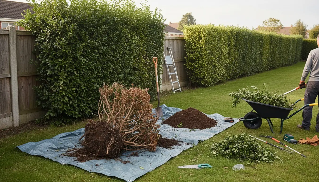 Delvist klippet 30 m ligusterhæk med en dødt ligusterbusk gravet op og haveredskaber på græsset.
