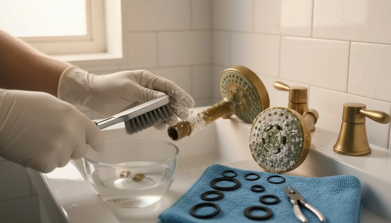 Nærbillede af afkalkning af to messingbrusehoveder og indsætning af nye pakninger med værktøj.