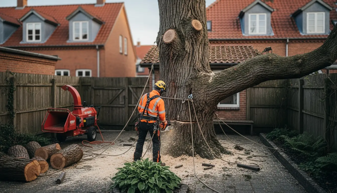 Fældning af et stort asketræ i en lille baghave i Odense med sikkerhedsudstyr, rigging-tov og stakke af skåret træ.