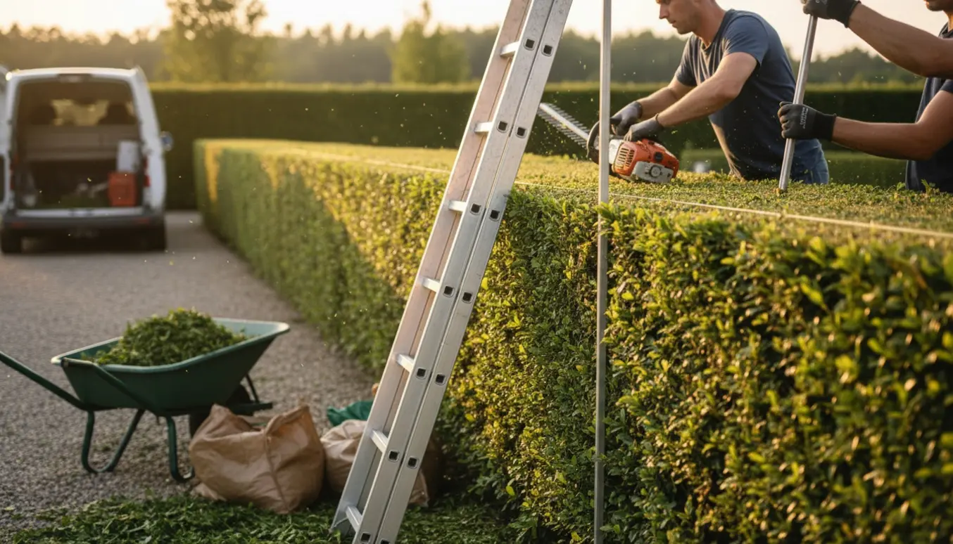 Hækketrimning på en over 2 m høj hæk med stige, måleredskab og bunker af afklip klar til bortkørsel.