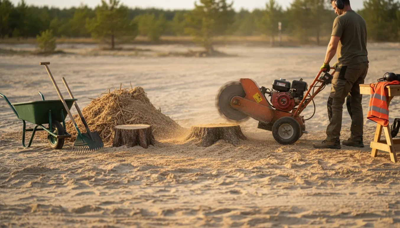 Støvet nærbillede af en stubfræser, der arbejder på tre træstubbe i sandjord, med bunker af flis ved siden af.