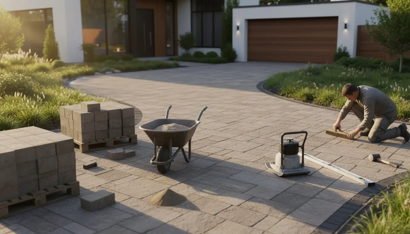 Nyoplagte fliser i indkørsel og rundt om huset, håndværkere justerer fliserne med værktøj.