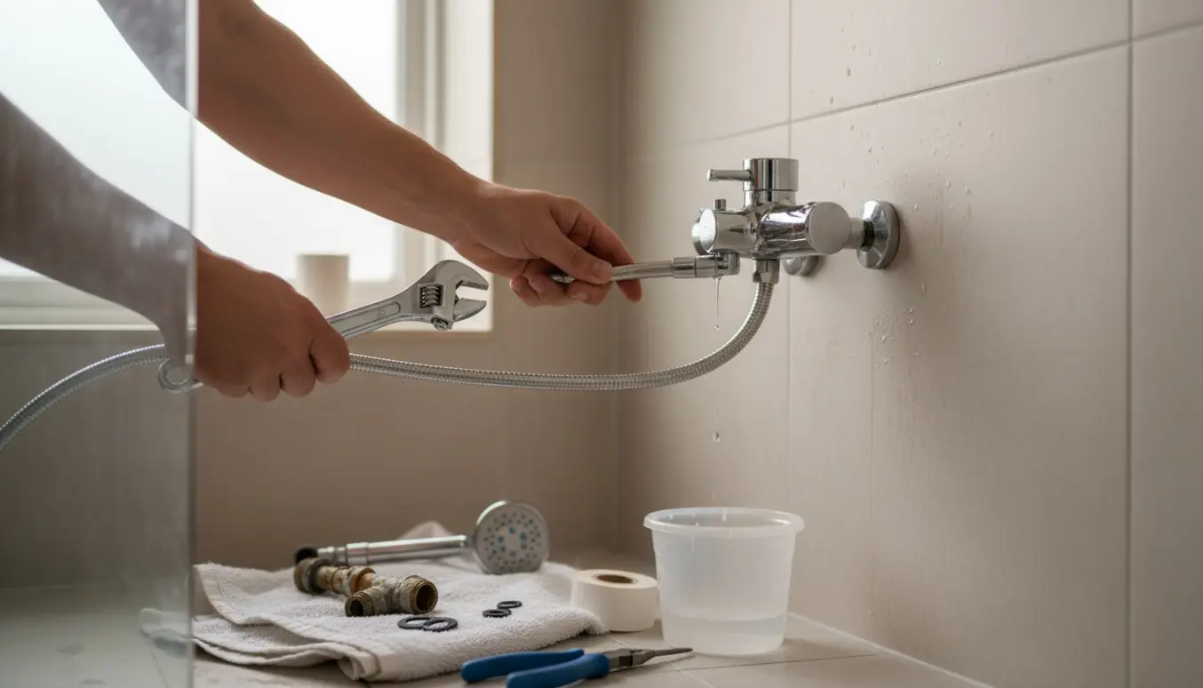 Nærbillede af hænder, der udskifter et krom brusesæt i et lyst badeværelse med værktøj og gamle fittings.
