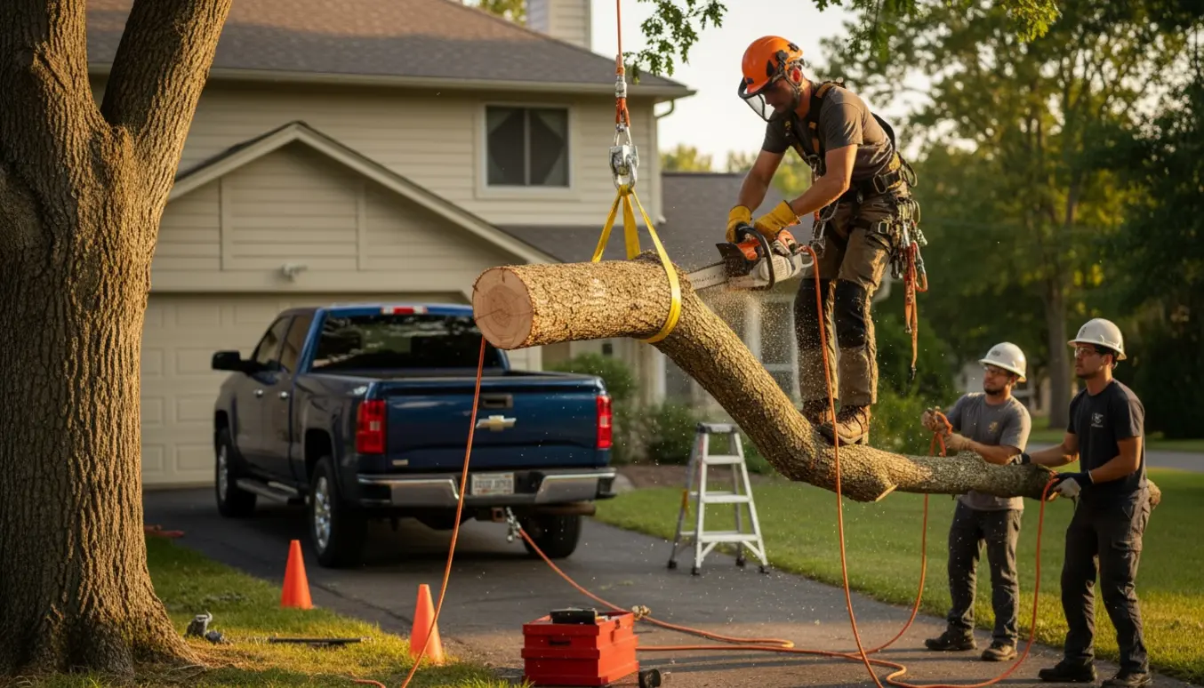 Arborist sænker en 30 cm tyk gren sikkert ned over en indkørsel med tov og blokke.