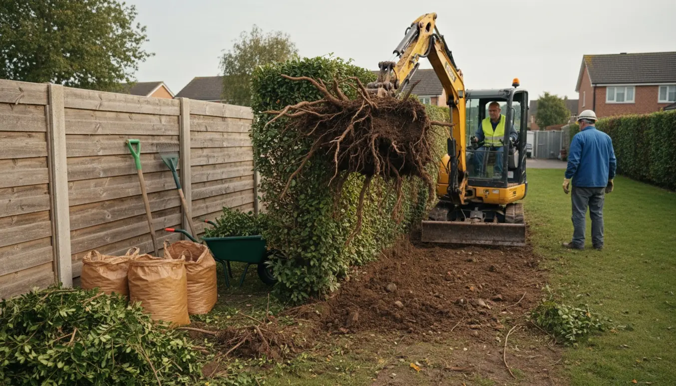 Mini-graver fjerner en gammel ligusterhæk, rodklumper og afklip samlet til bortskaffelse.