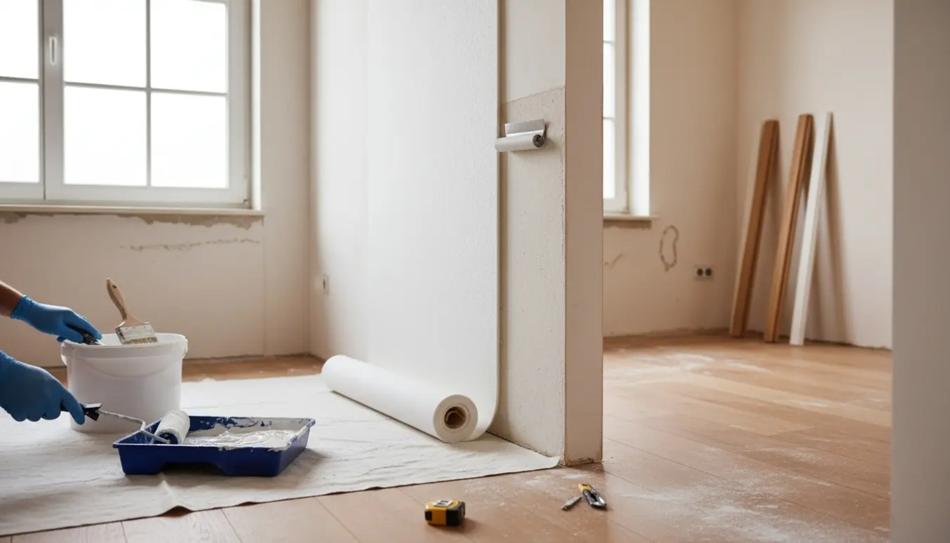 Hænder monterer filt på en væg i et lille rum med klisterspand, rulle og spartel på en beskyttet gulvdug.