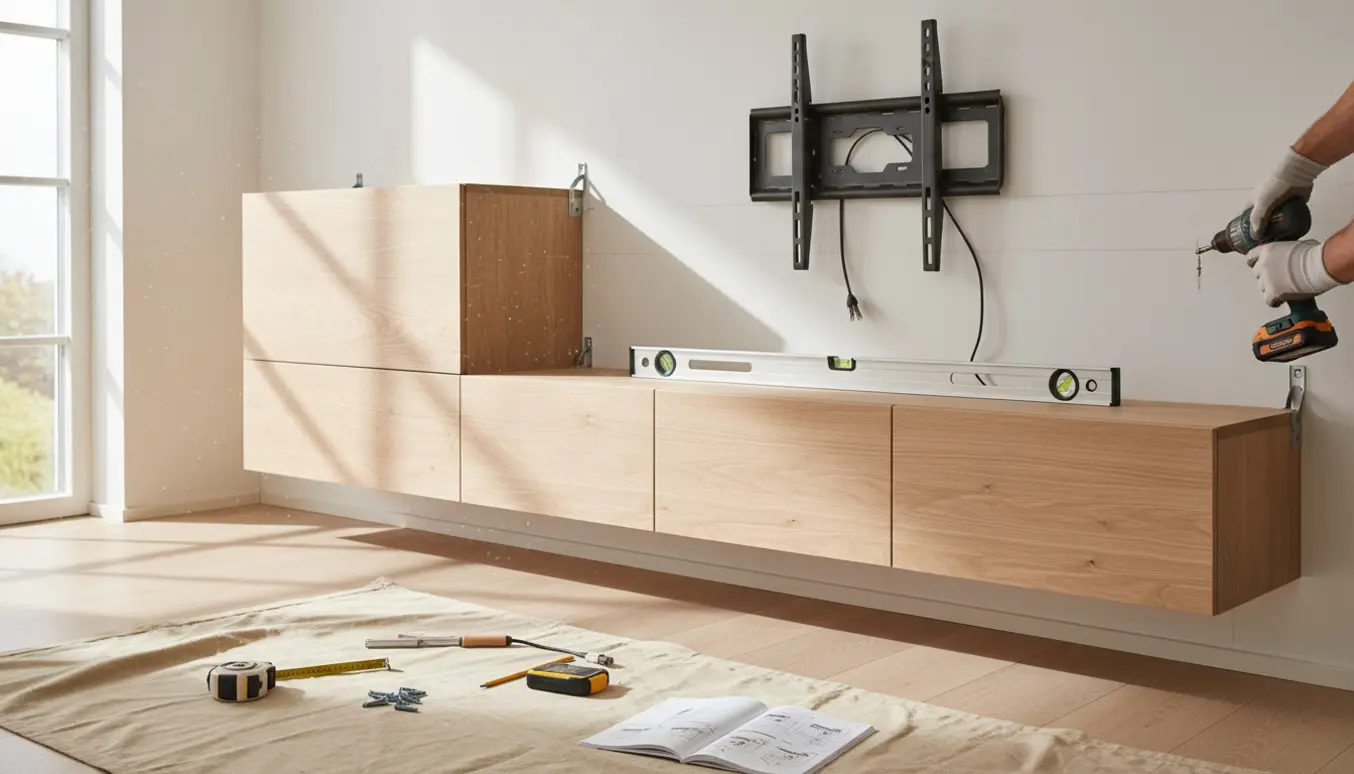Tømrer monterer et moderne vægmonteret tv-skab med værktøj og materialer i et lyst opholdsrum.