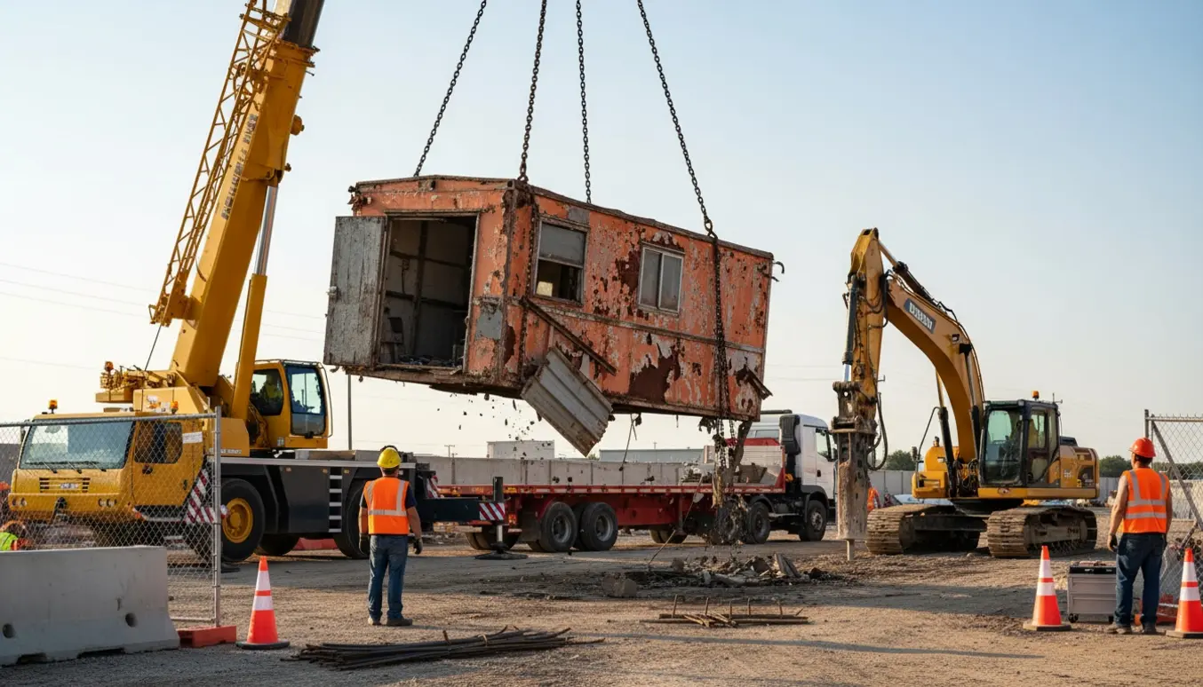 En mobilkran løfter en gammel, rusten skurvogn fra en byggeplads klar til bortafskaffelse.
