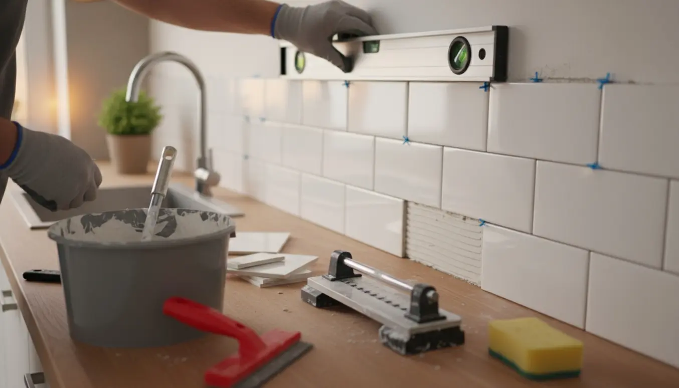 Nærbillede af hvide køkkenfliser, der sættes op med spartel, afstandsstykker og værktøj på bordet.