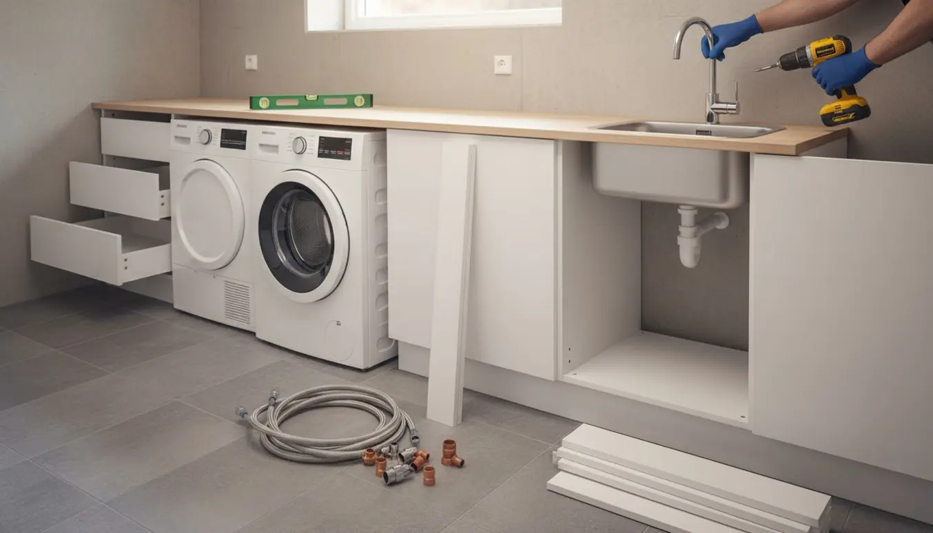 Bryggers under montage med skabe, sokkel, vask, vaskemaskine og tørretumbler.