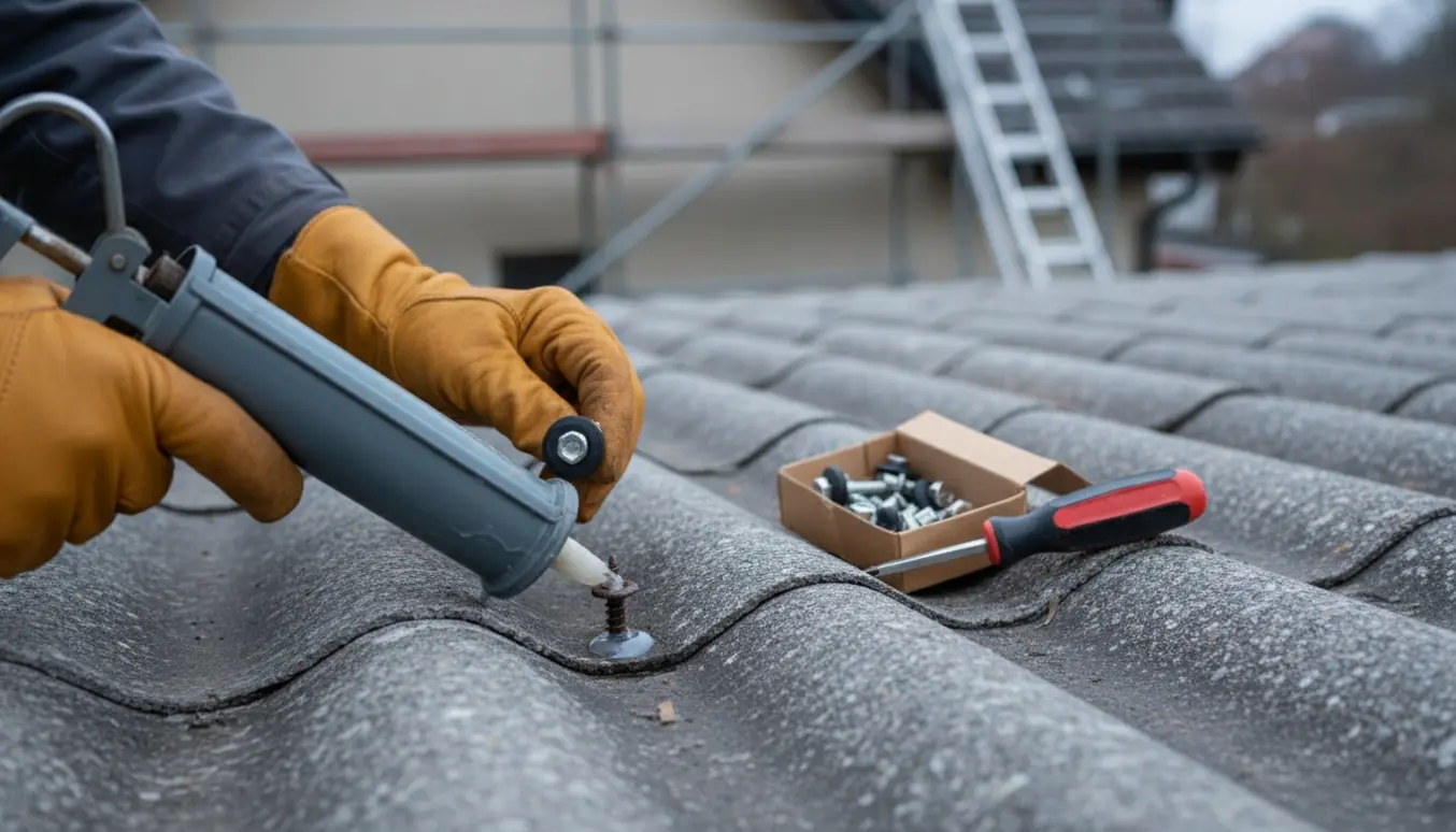 Nærbillede af hænder, der tætn­er en skrue på et bølgeeternittag med silikone og nye tætningsskiver.