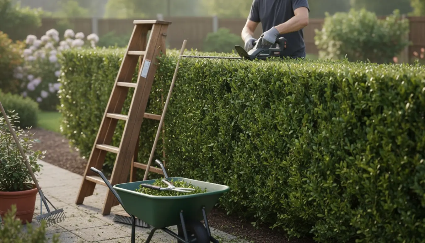 Person set bagfra klipper en hæk med elektrisk hækkeklipper ved en trillebør fyldt med afklip.