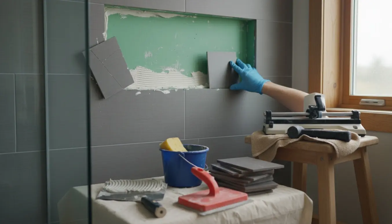 Nærbillede af udskiftning af antracitgrå keramiske fliser i en bruseniche med værktøj og glaspanel.