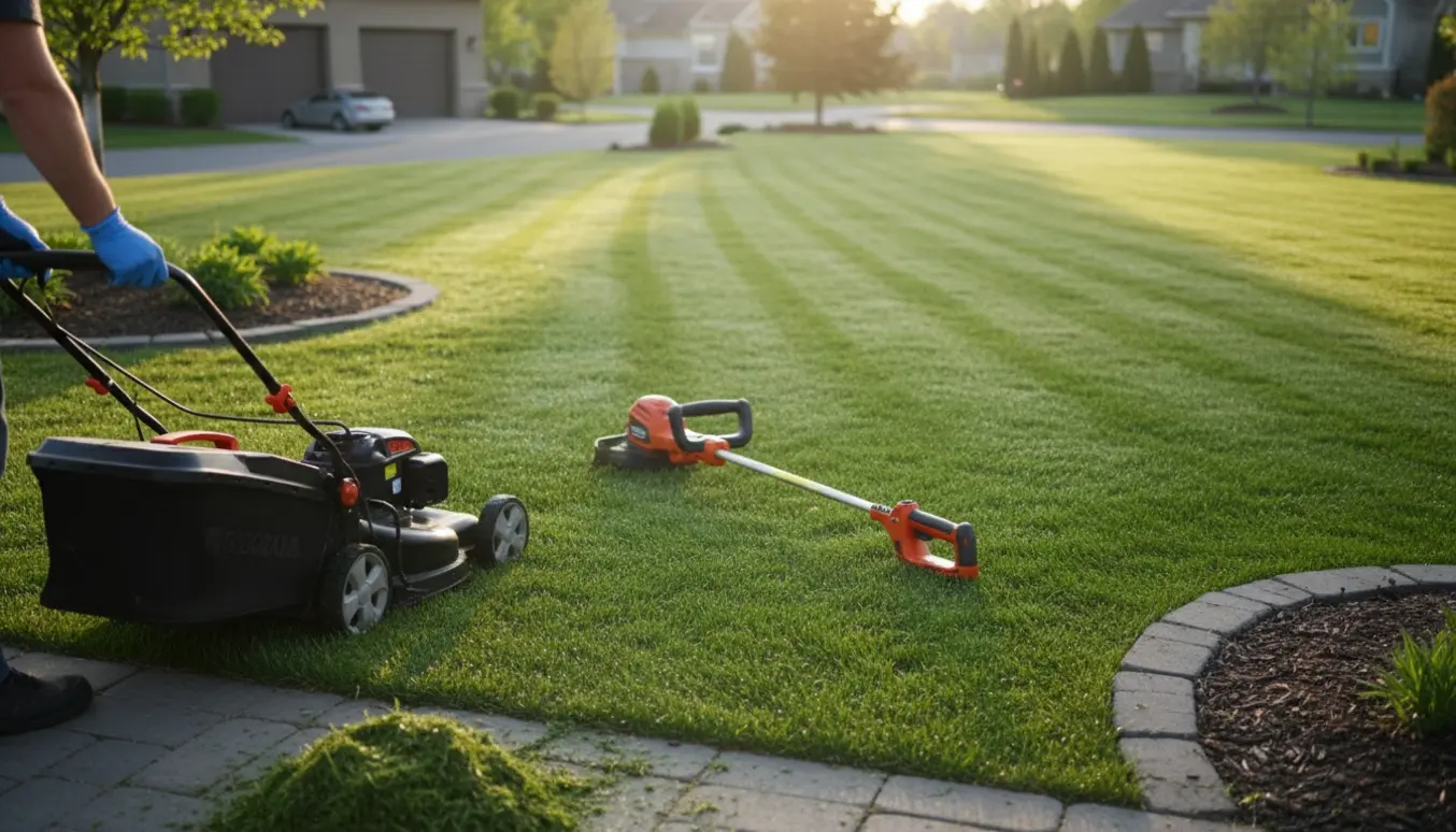 Forårsplæne nyklippet med tydelige striber, trimmede kanter og robotoplade i baggrunden.